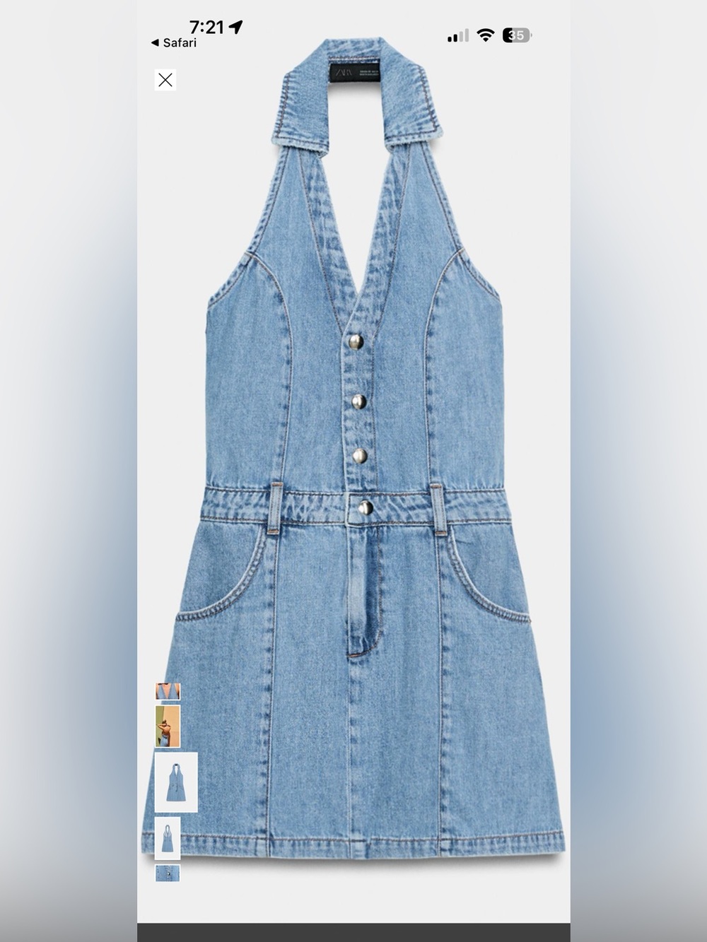 Zara 2026 summer collection 
Light Blue Denim Mini Dress with Button Halter